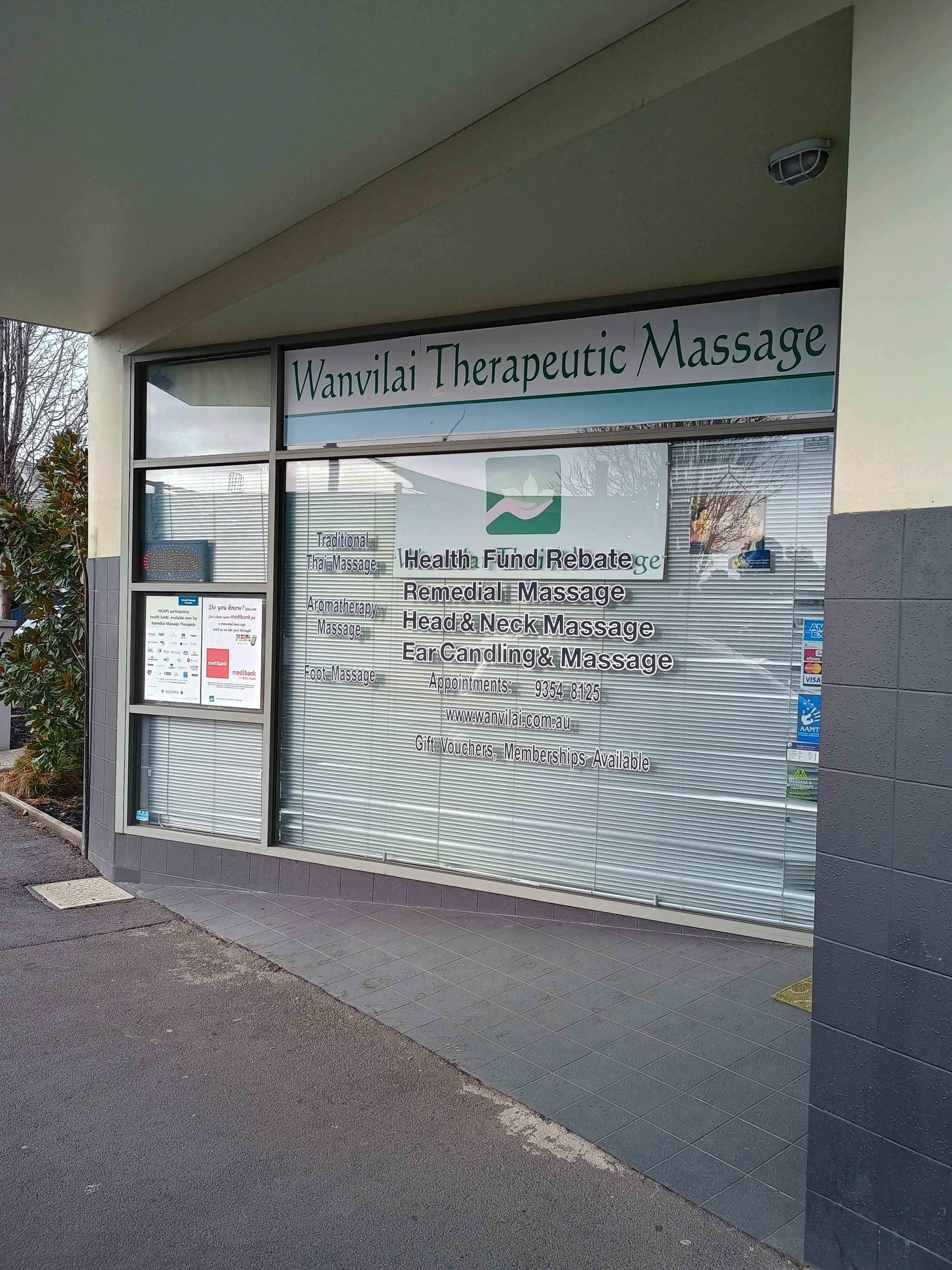 Street-on view of the Wanvilai Therapeutic Massage shopfront at 87 Gaffney Street, Coburg